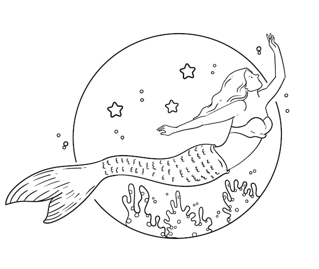 Hand drawn mermaid outline illustration