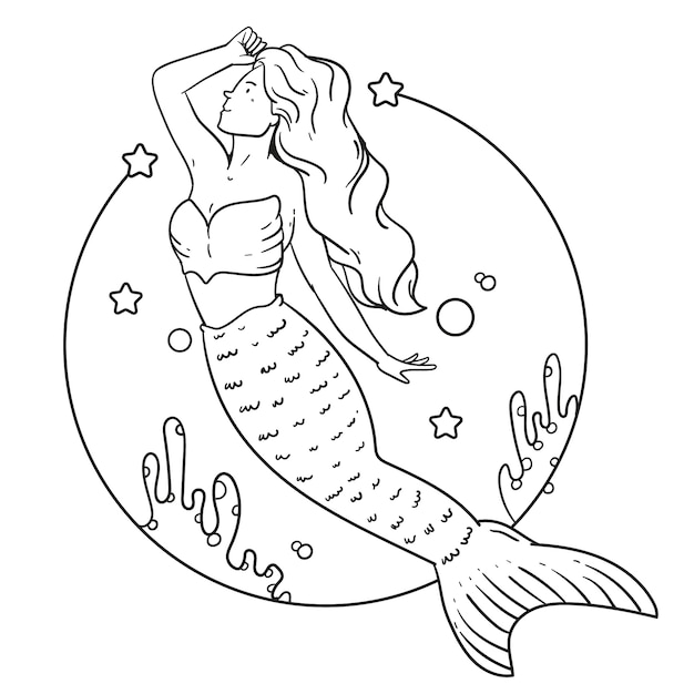 Hand drawn mermaid outline illustration