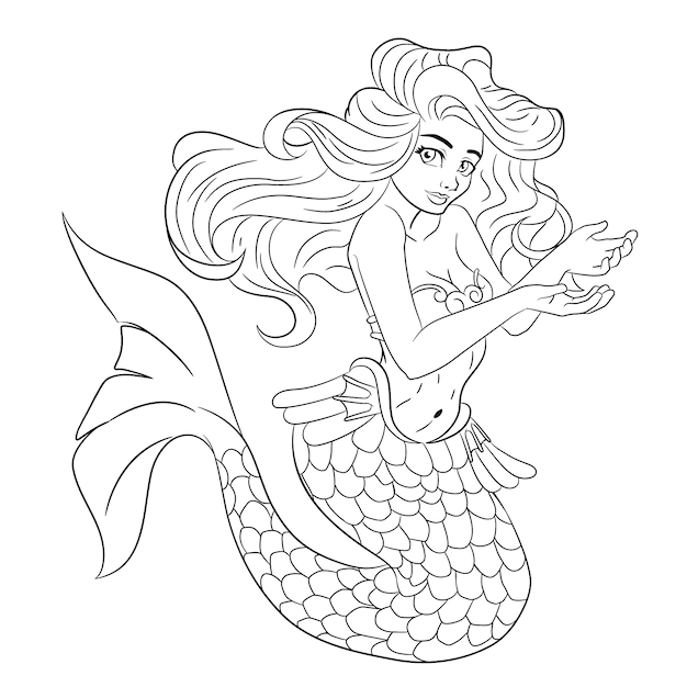 Hand drawn mermaid outline illustration