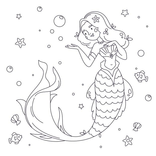 Hand drawn mermaid outline illustration