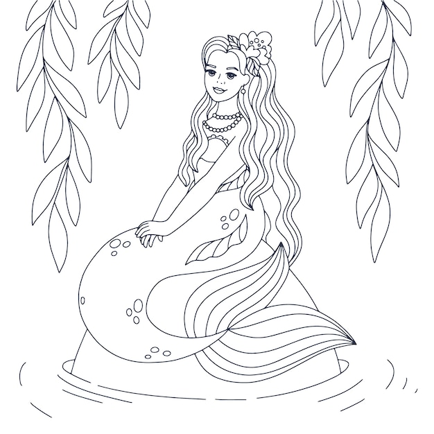 Hand drawn mermaid outline illustration