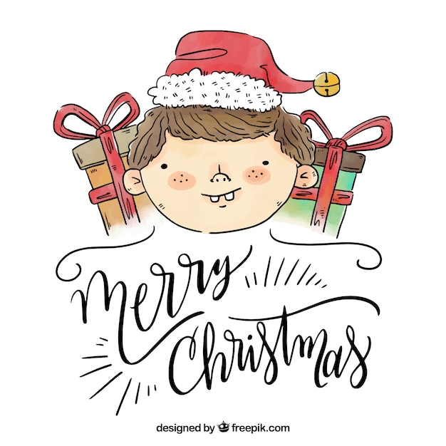 Hand drawn merry christmas with boy 