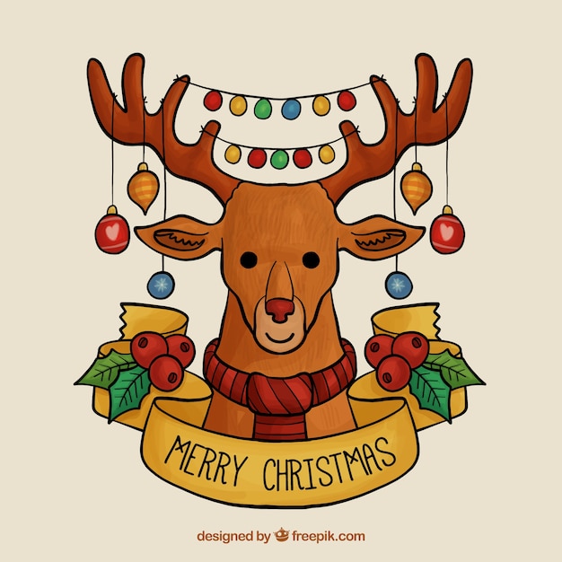 Бесплатное векторное изображение Нарисованное в руке рождество с оленями и струнными огнями