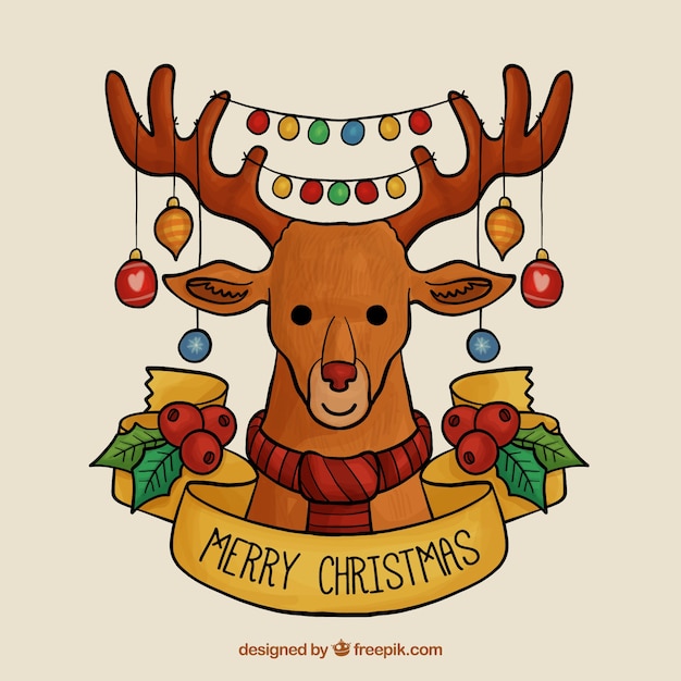 Free vector hand drawn merry christmas  with reindeer and string lights