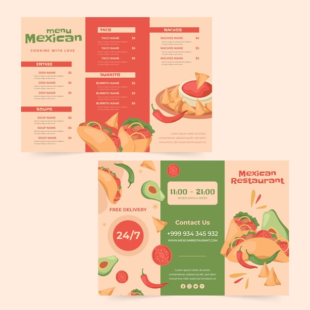 Free vector hand drawn mexican restaurant brochure