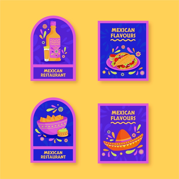 손으로 그린 멕시코 레스토랑 레이블 컬렉션