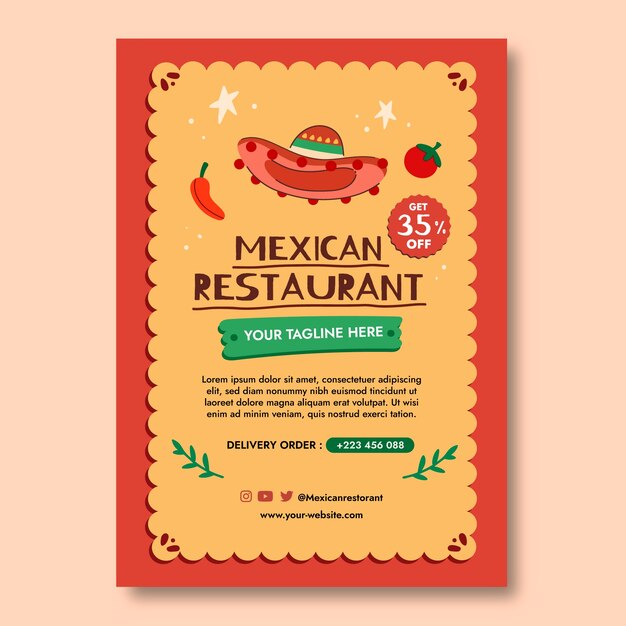 손으로 그린 멕시코 레스토랑 포스터 템플릿