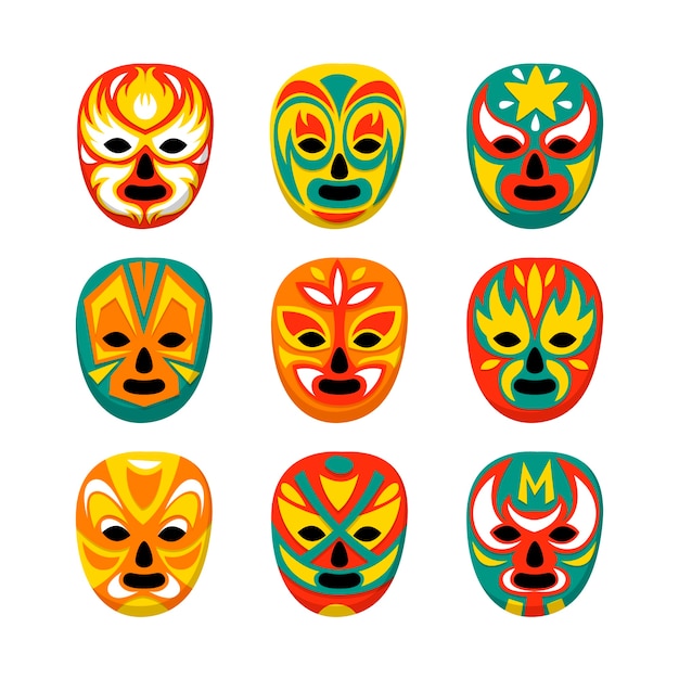 Hand drawn mexican wrestler face mask set