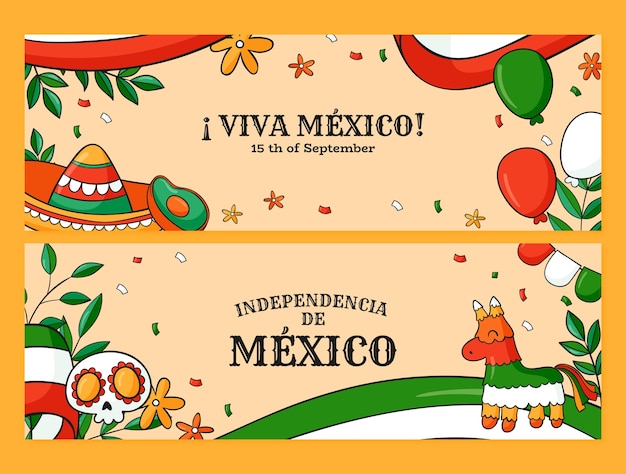 Hand drawn mexico independence horizontal banners set