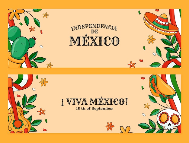 Hand drawn mexico independence horizontal banners set – Free Vector Download