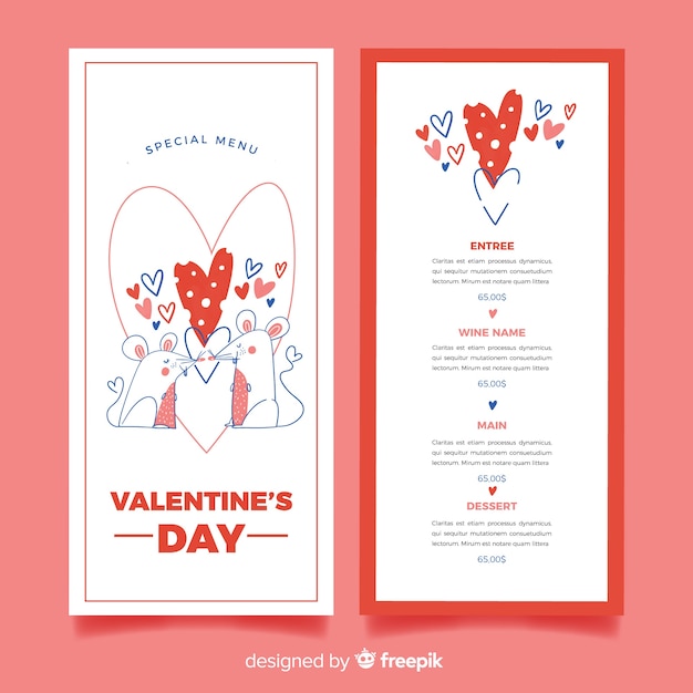 Modello di menu di san valentino disegnato a mano topi