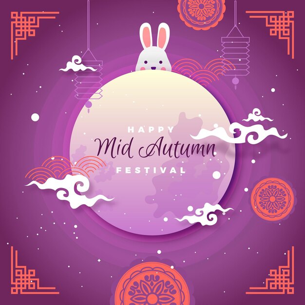 Hand drawn mid-autumn festival with moon and rabbit