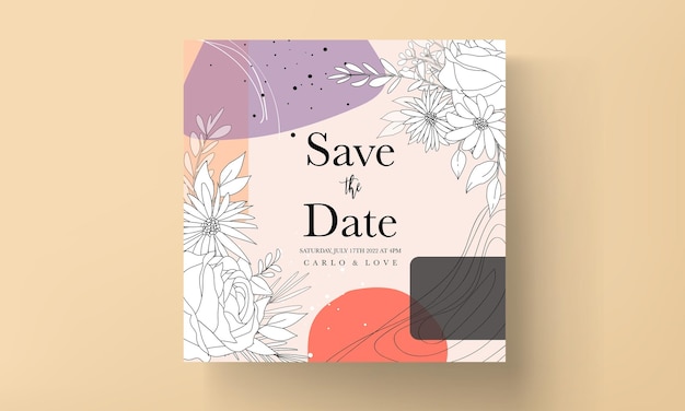 Hand drawn minimal wedding invitation floral with abstract background