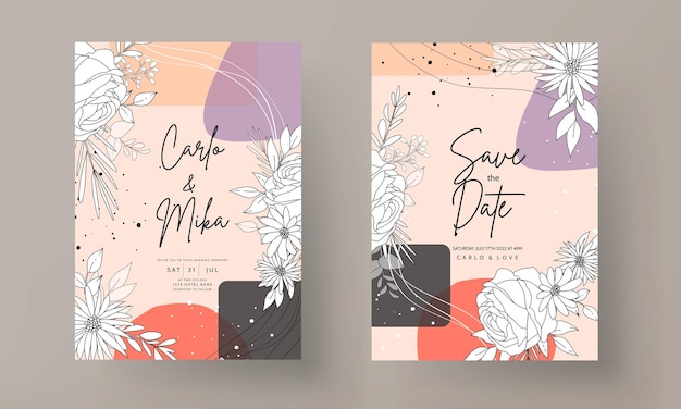 Hand drawn minimal wedding invitation floral with abstract background