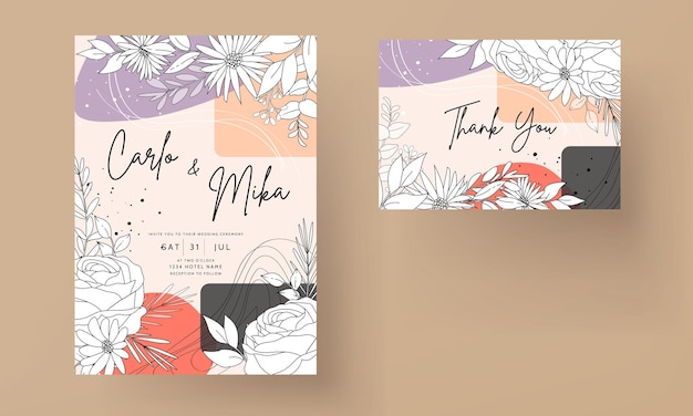 Free vector hand drawn minimal wedding invitation floral with abstract background