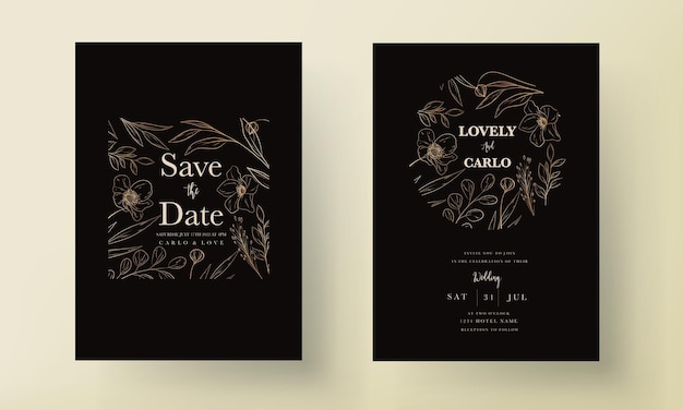 Free vector hand drawn minimal wedding invitation template with elegant gold floral