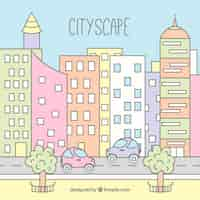 Free vector hand drawn modern city background in pastel colors