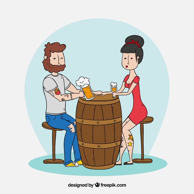 ビールを飲む手描きのモダンカップル