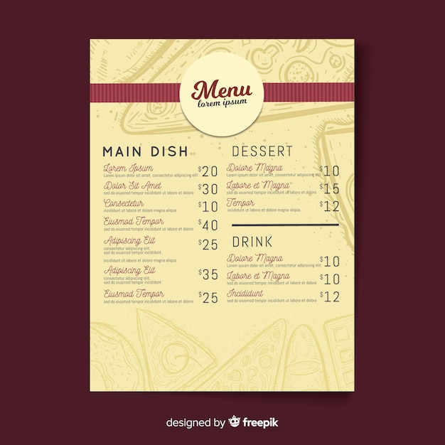 Hand drawn modern restaurant menu template