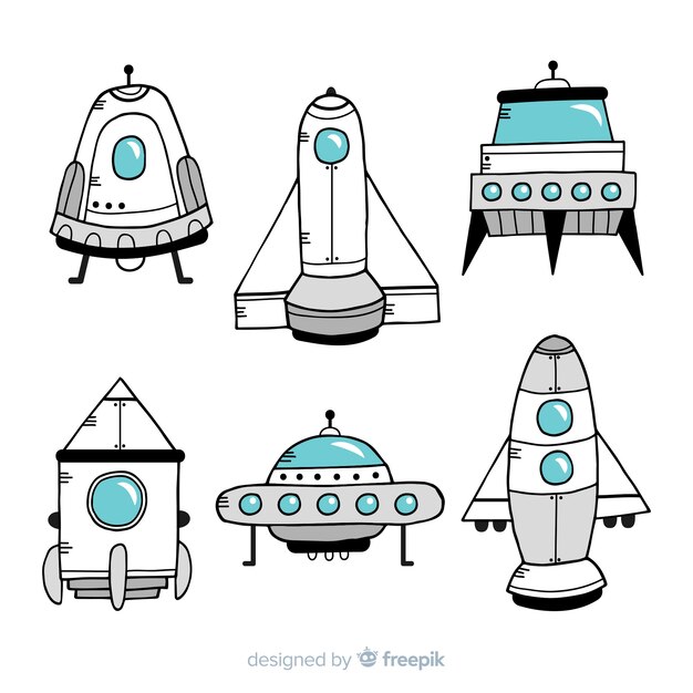 Hand drawn modern spaceship collection