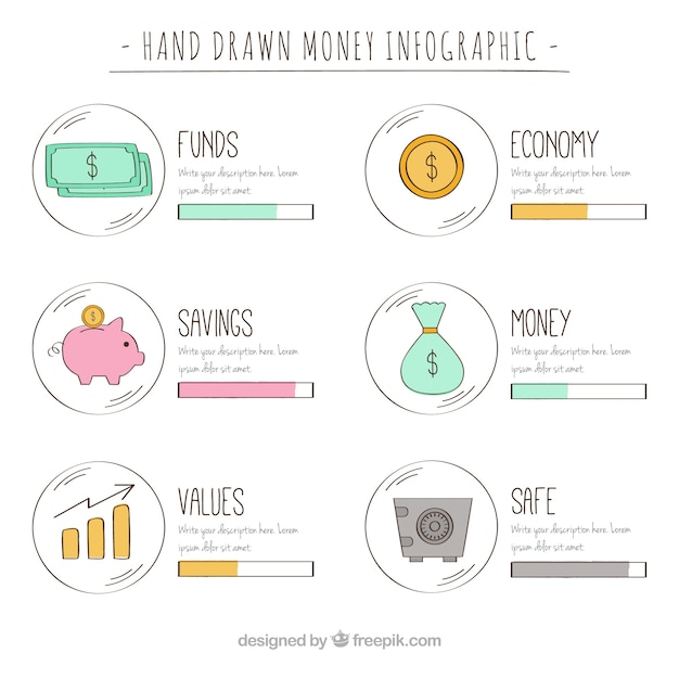 Disegnati a mano infografica denaro