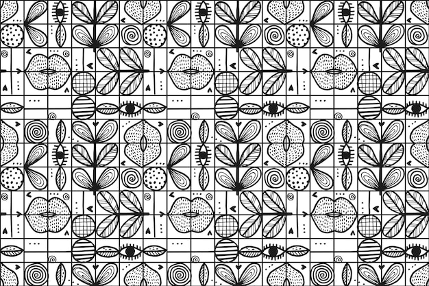 手描きのモノクロの幾何学的なモザイクパターンのデザイン