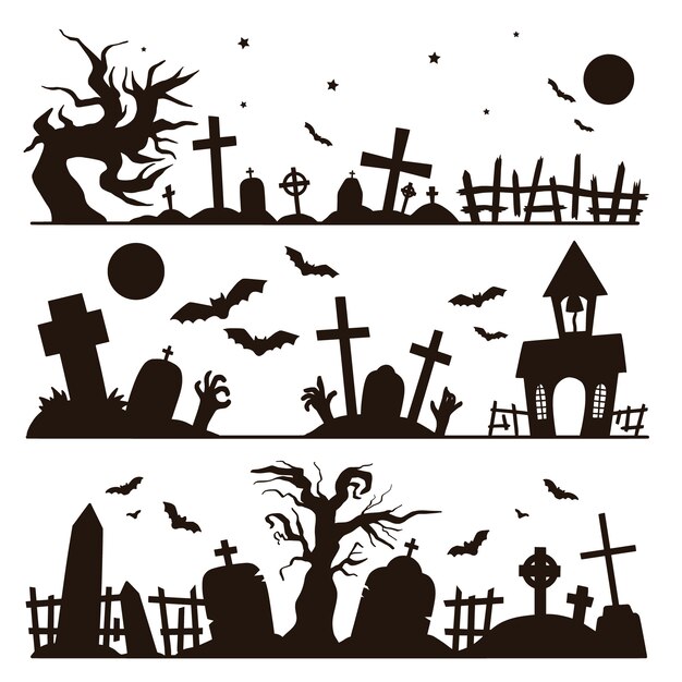 Hand drawn monochrome silhouettes collection for halloween celebration