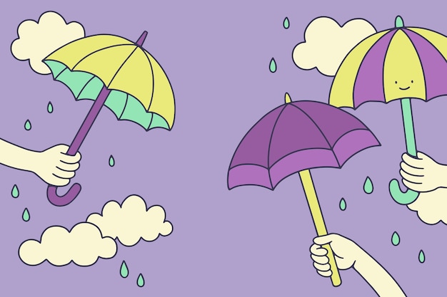 Ручной обращается фон сезона дождей с руками, держащими зонтики
