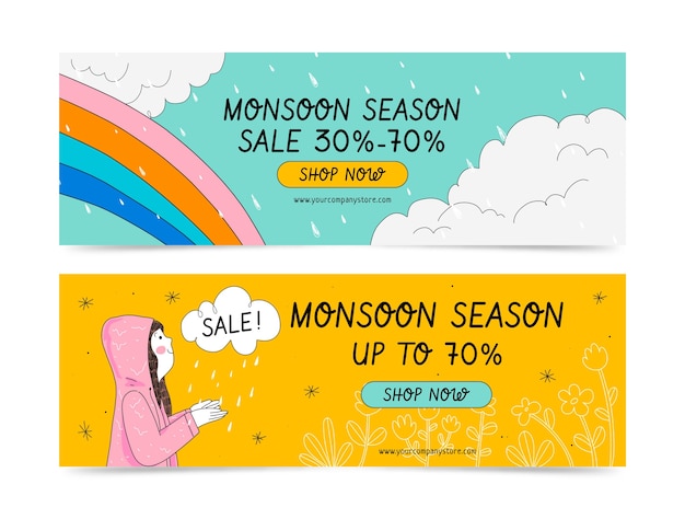 Free vector hand drawn monsoon season horizontal sale banners set with woman and rainbow