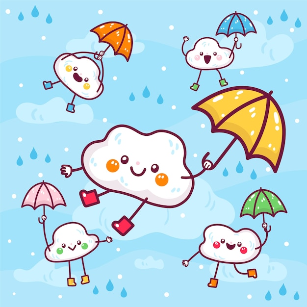 Нарисованная рукой иллюстрация сезона муссонов с зонтиками