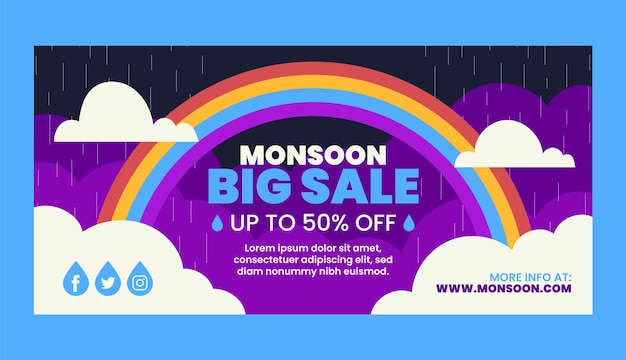 Hand drawn monsoon season sale banner with rainbow