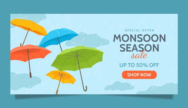 Hand drawn monsoon season umbrellas sale banner