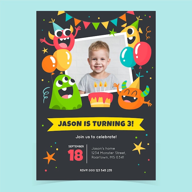 Free vector hand drawn monster birthday invitation template with photo