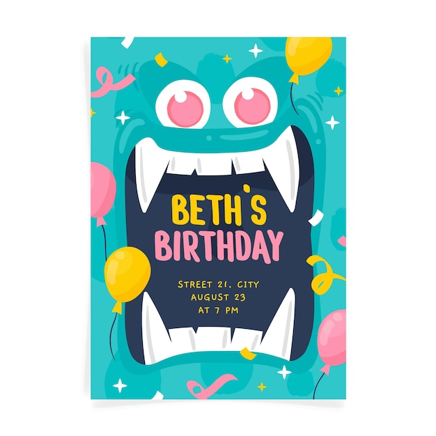 Free vector hand drawn monster birthday invitation template