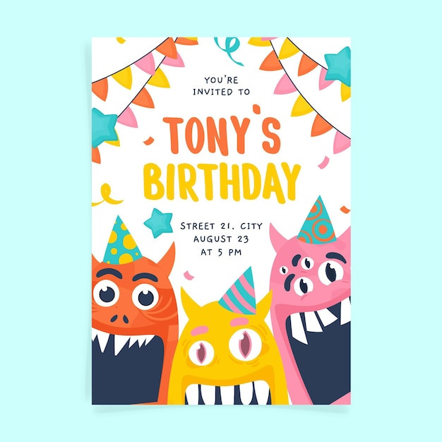 Hand drawn monster birthday invitation template