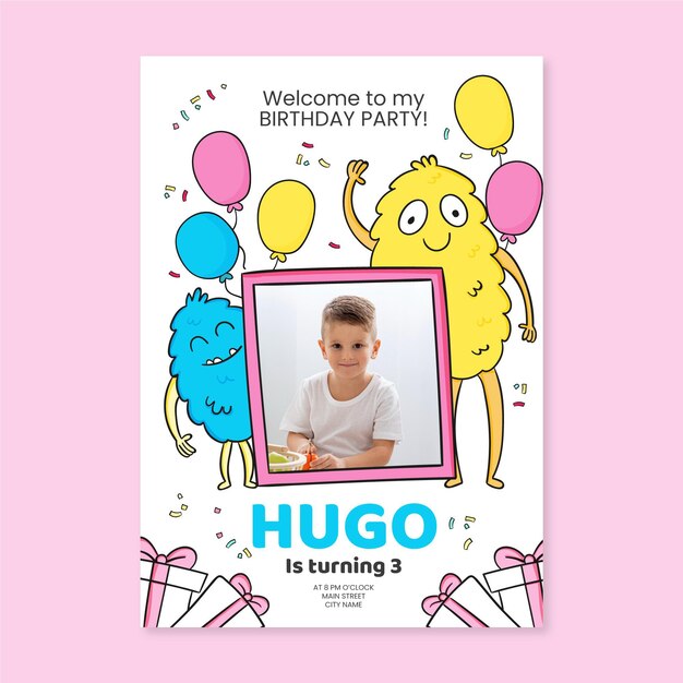 Hand drawn monster birthday invitation with photo template