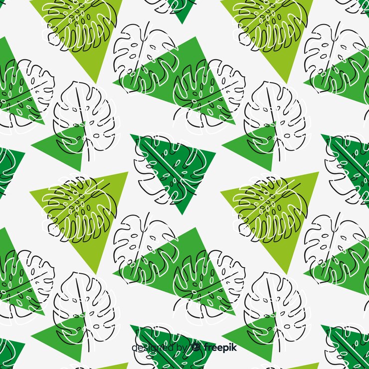Free Vector hand drawn monstera leaves and triangles background