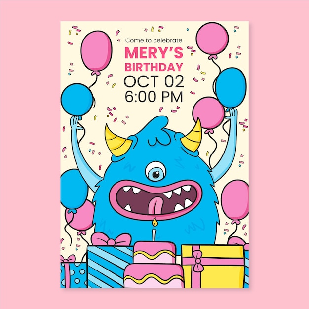 Free vector hand drawn monsters birthday invitation