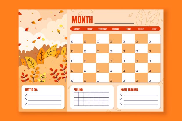 Нарисованный вручную ежемесячный календарь планировщика