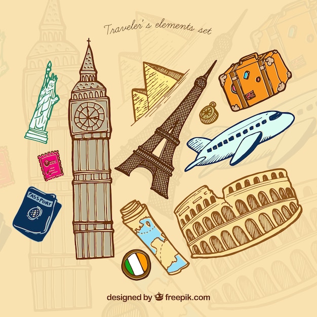 Free vector hand drawn monuments of the world