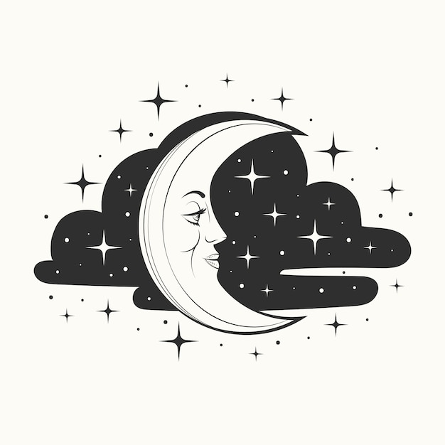 Luna disegnata a mano e stelle che disegnano illustrazione