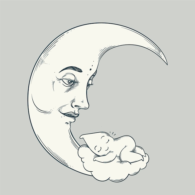 Hand drawn moon and stars drawing illustration