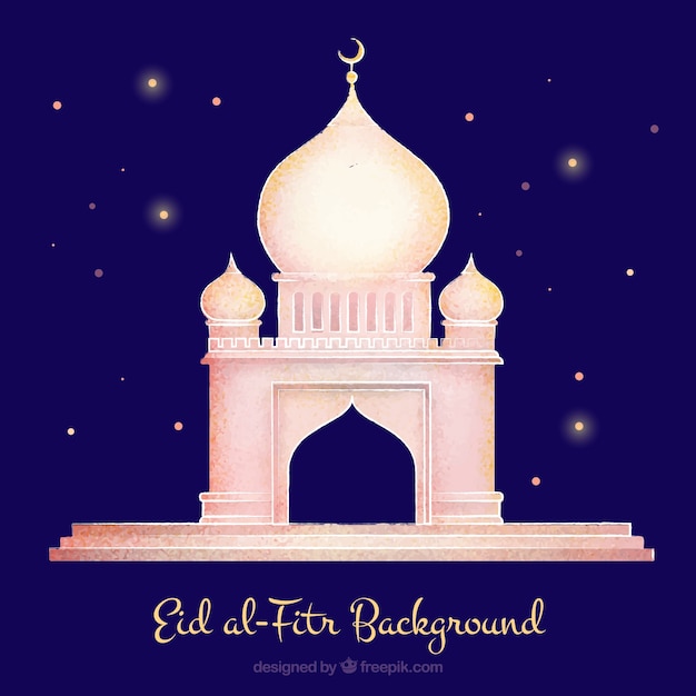 Free vector hand drawn mosque on a starry background of eid-al-fitr