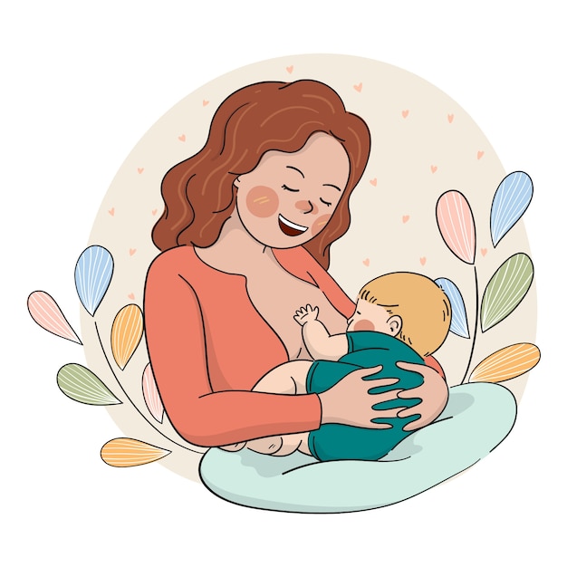 彼女の子供のイラストを母乳で育てる手描きの母