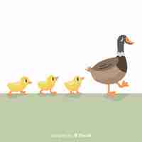 Free vector hand drawn mother duck and ducklings on grass