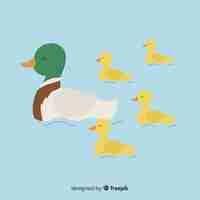 Free vector hand drawn mother duck and ducklings in the water