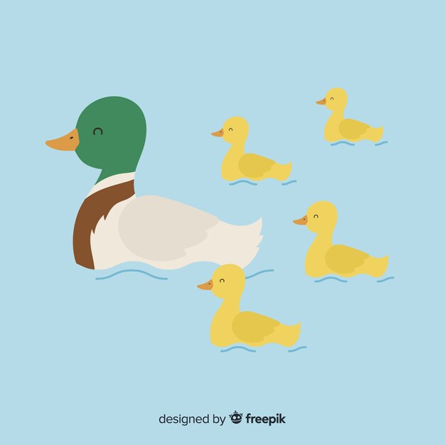 손으로 그린 어머니 오리와 물에서 ducklings