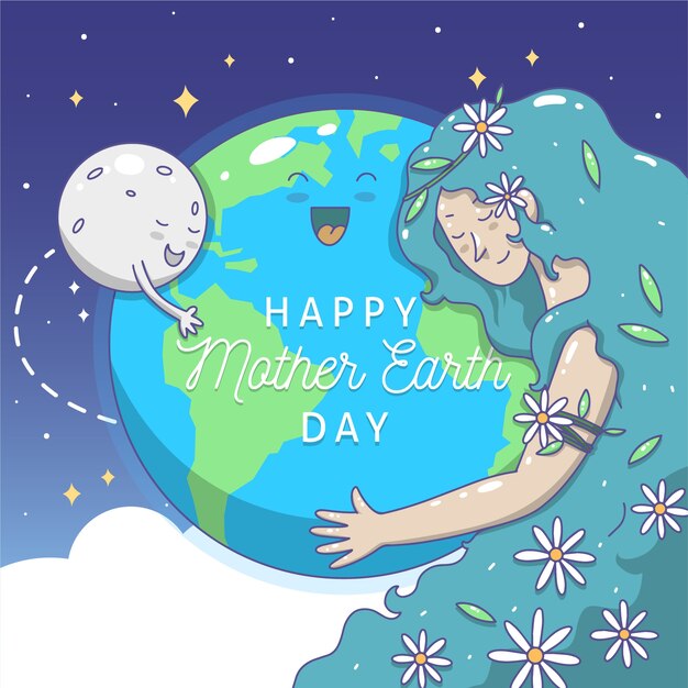 손으로 그린 어머니 지구 달과 행성을 포옹하는 여자
