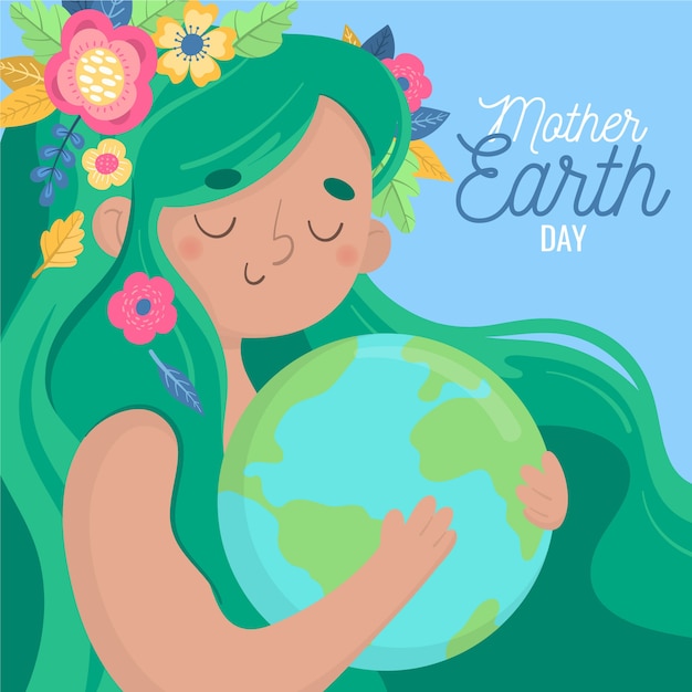 행성을 포옹하는 여자와 손으로 그린 어머니 지구