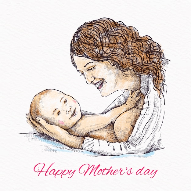 Free vector hand drawn mother holding her baby